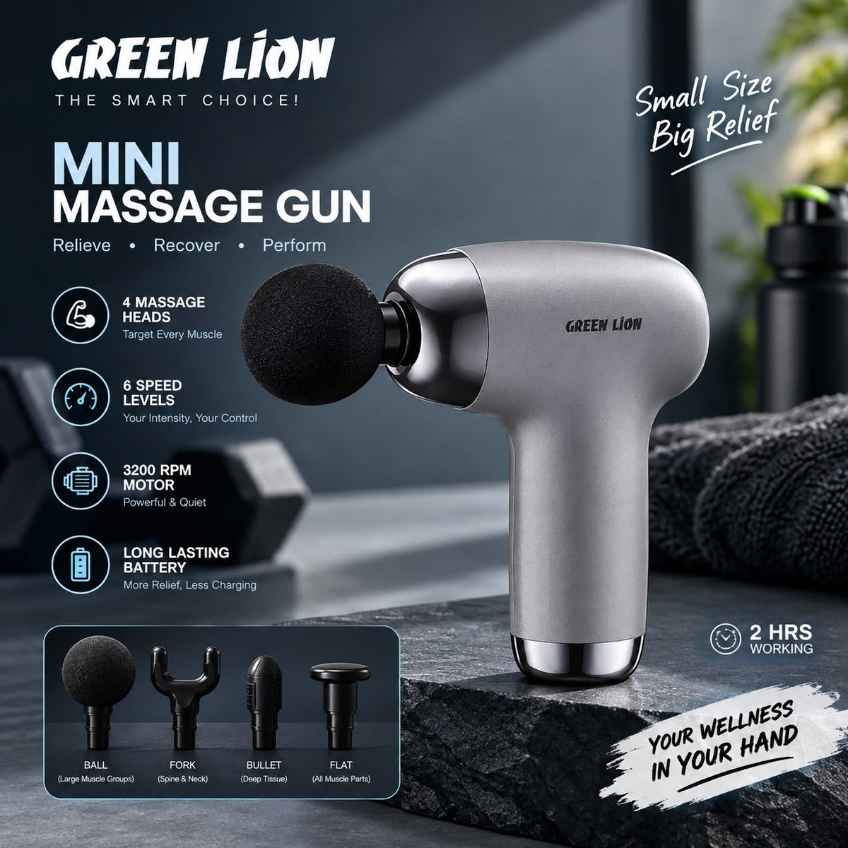 Green Lion Mini Massage Gun 6 Speed Levels White