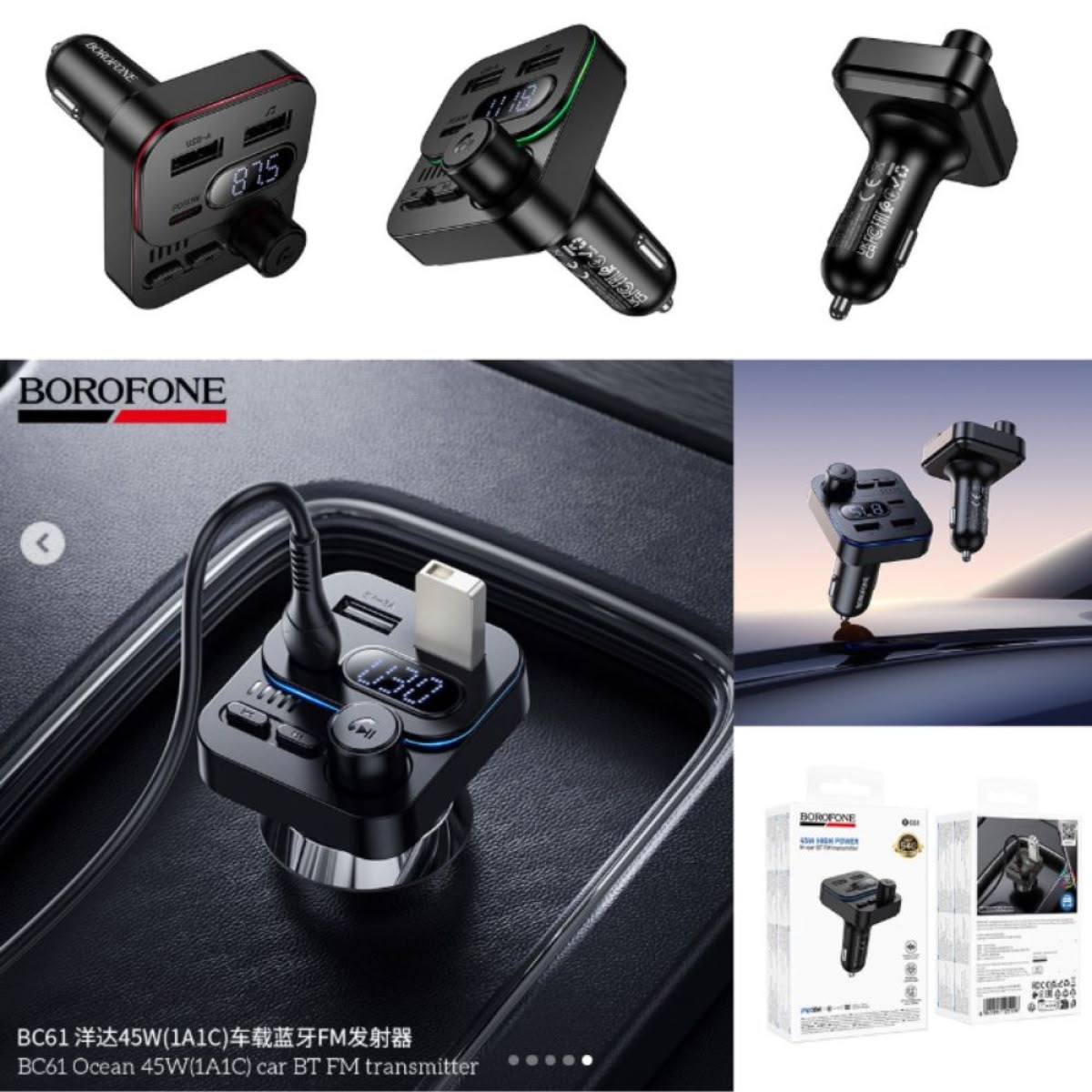 Borofone 45W High Power Bluetooth Fm Transmitter And Pd Fast Car Charger -Bc61