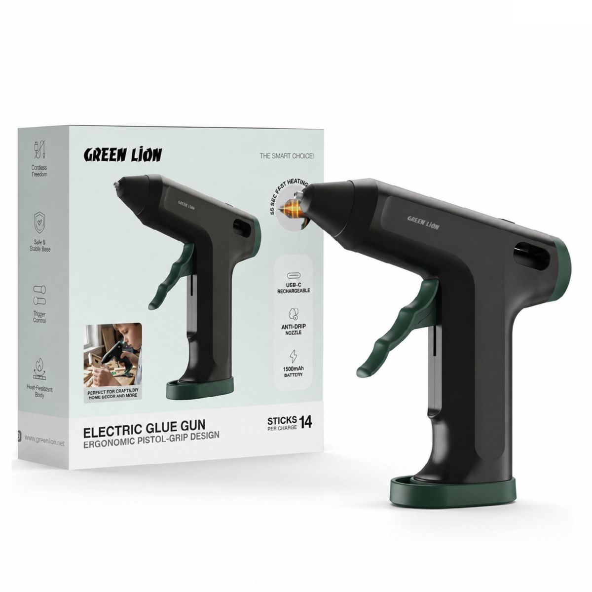 Electric Glue Gun Ergonomic Pistol-Grip Design Green Lion - Black