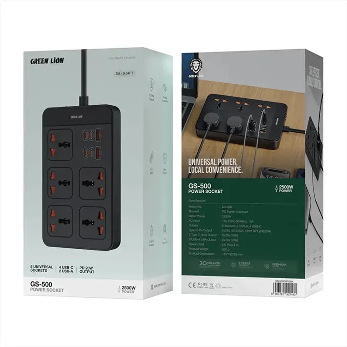 Green Lion Gs 500 Pd 20W Fast Charging Power Socket Extension Strip 2500W With 5 Universal Ac Outlets, 4 Usb-c Ports, 2 Usb-a Ports, 3M Power Cord & Safety Shutters – Black