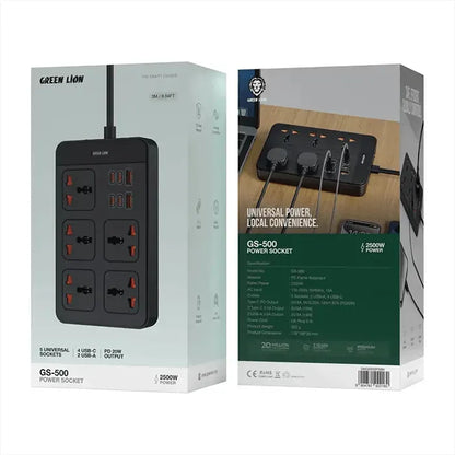 Green Lion Gs 500 Pd 20W Fast Charging Power Socket Extension Strip 2500W With 5 Universal Ac Outlets, 4 Usb-c Ports, 2 Usb-a Ports, 3M Power Cord & Safety Shutters – Black
